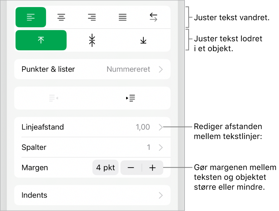 Layout i Info om format med billedforklaringer til knapperne til justering af tekst og afstand.