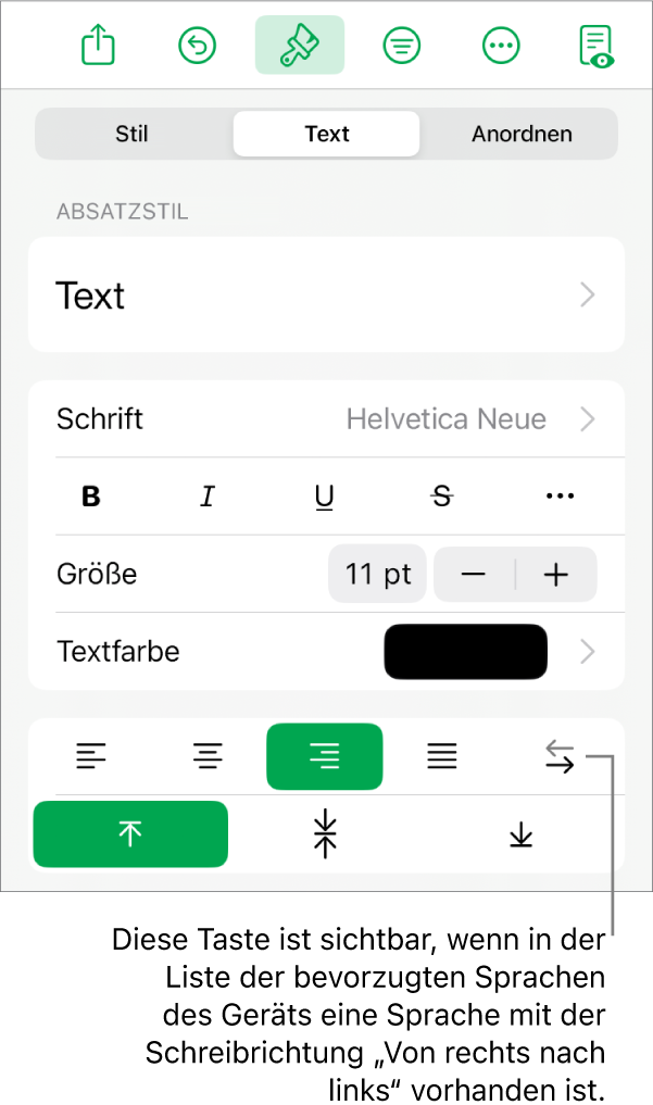 Der Abschnitt „Stil“ des Menüs „Format“ mit einer Beschreibung der Taste „Von rechts nach links“