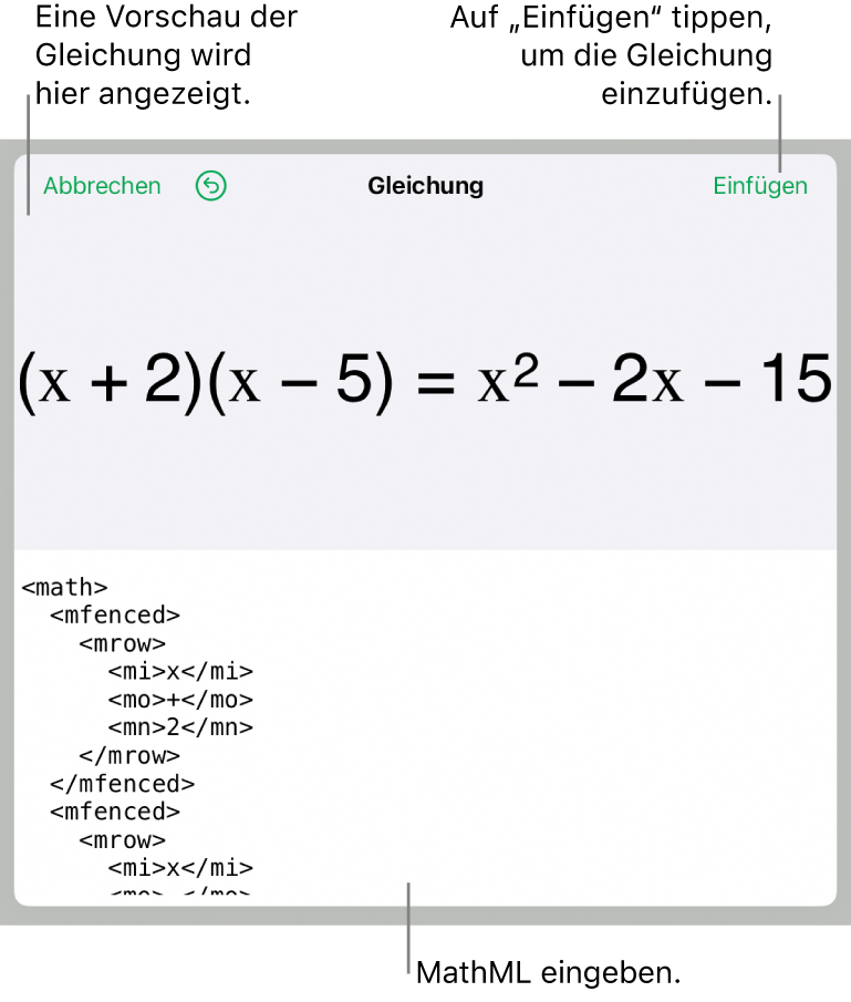 Im Dialogfenster „Gleichung“ wird eine Gleichung angezeigt, die mit MathML-Befehlen geschrieben wurde, darüber wird eine Vorschau der Formel angezeigt.