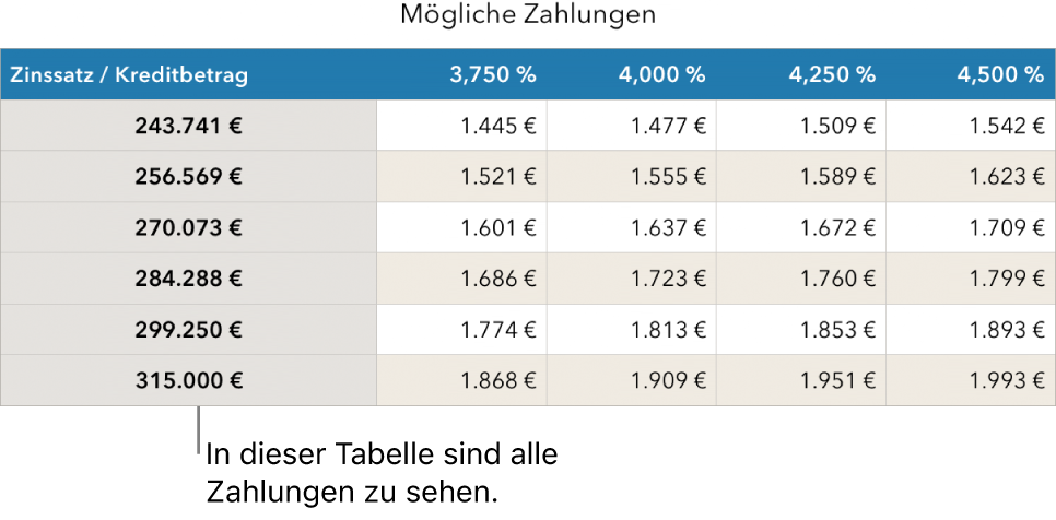 Eine Tabelle mit Ratenzahlungen vor dem Filtern für finanzierbare Tilgungsraten.