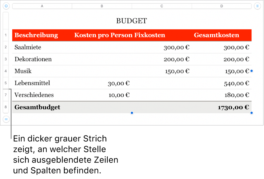 Ein dicker grauer Balken, der die Position von ausgeblendeten Zeilen und Spalten anzeigt