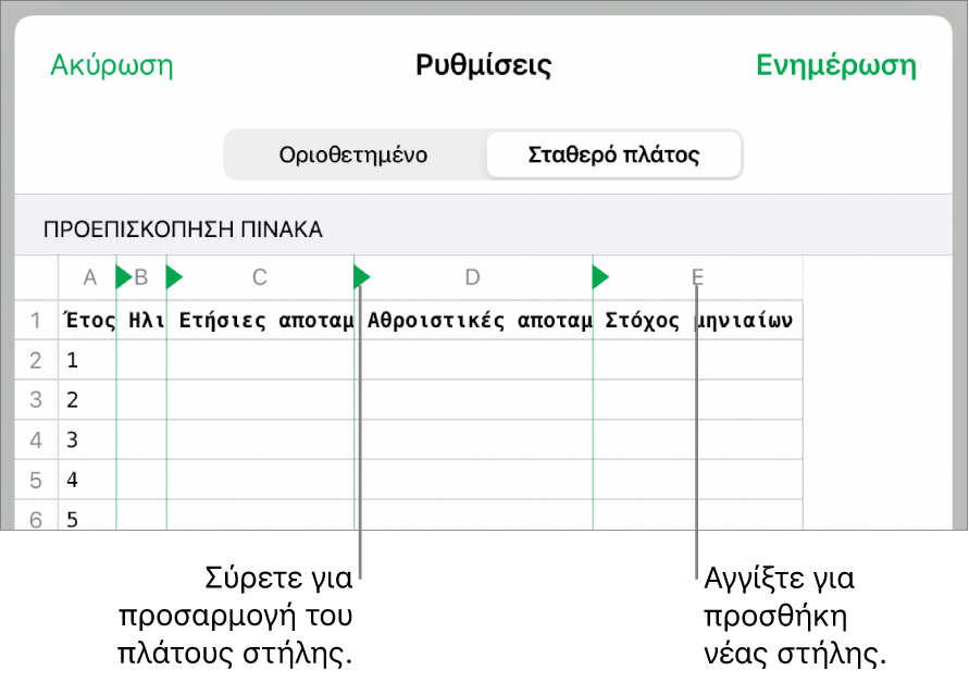 Οι ρυθμίσεις εισαγωγής για ένα αρχείο κειμένου σταθερού πλάτους.