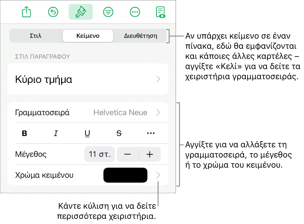 Στοιχεία ελέγχου κειμένου στο μενού «Μορφή» για τον καθορισμό στιλ παραγράφων και χαρακτήρων, γραμματοσειράς, μεγέθους και κειμένου.
