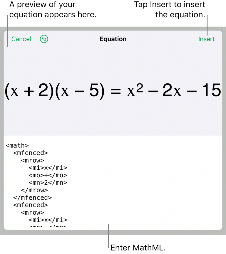 The Equation dialogue, showing an equation written using MathML commands and a preview of the formula above.