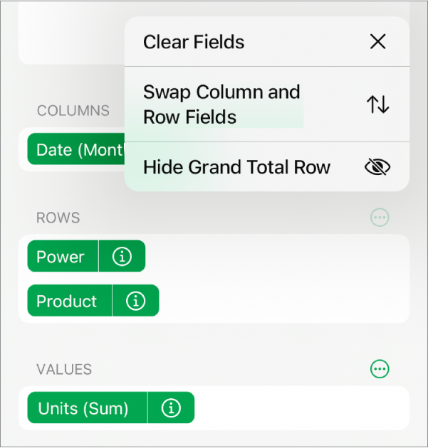 The More Field Options menu, showing the controls to hide grand totals, swap column and row fields and clear fields.