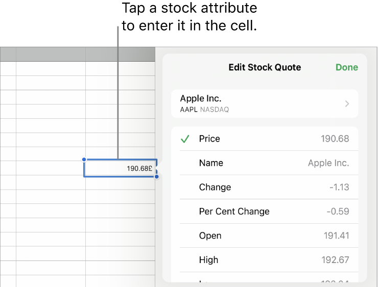 The stock quote pop-over, with the stock name at the top, and selectable stock attributes including price, name, change, per cent change, open and high listed below.