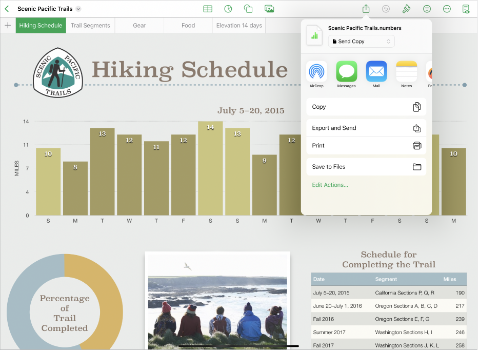 The Numbers window showing the Share menu, with options to send a copy of the spreadsheet, export and send in a different format, or print or save the spreadsheet to the Files app.