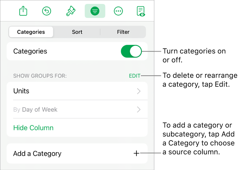 The Categories menu for iPad with options for turning categories off, deleting categories, regrouping data, hiding a source column, and adding categories.