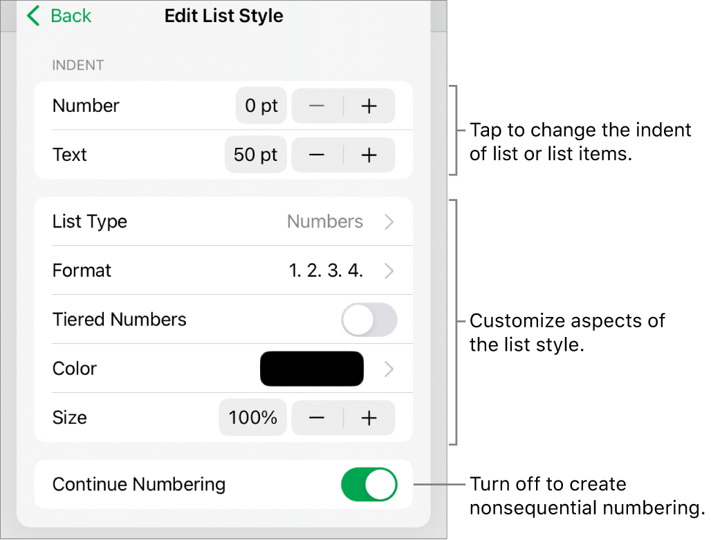 Edit List Style menu with controls for indent spacing, list type and format, tiered numbers, list color and size, and continued numbering.