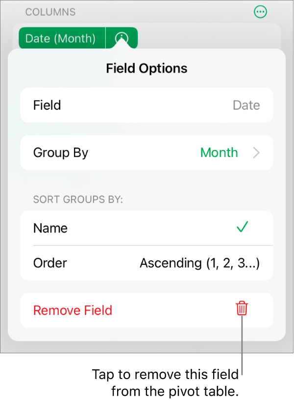 The Field Options menu, showing the controls for grouping and sorting data, as well as the option to remove a field.