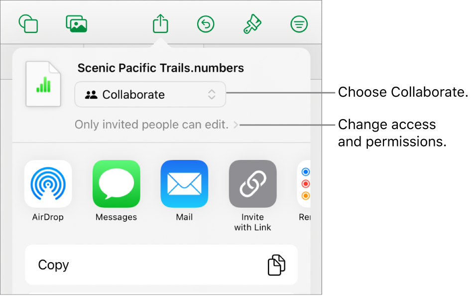 The Share menu with Collaborate selected at the top, and access and permission settings underneath.