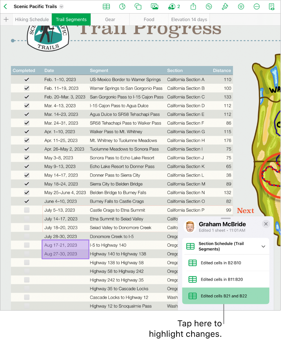 A collaborative spreadsheet with the activity list open.