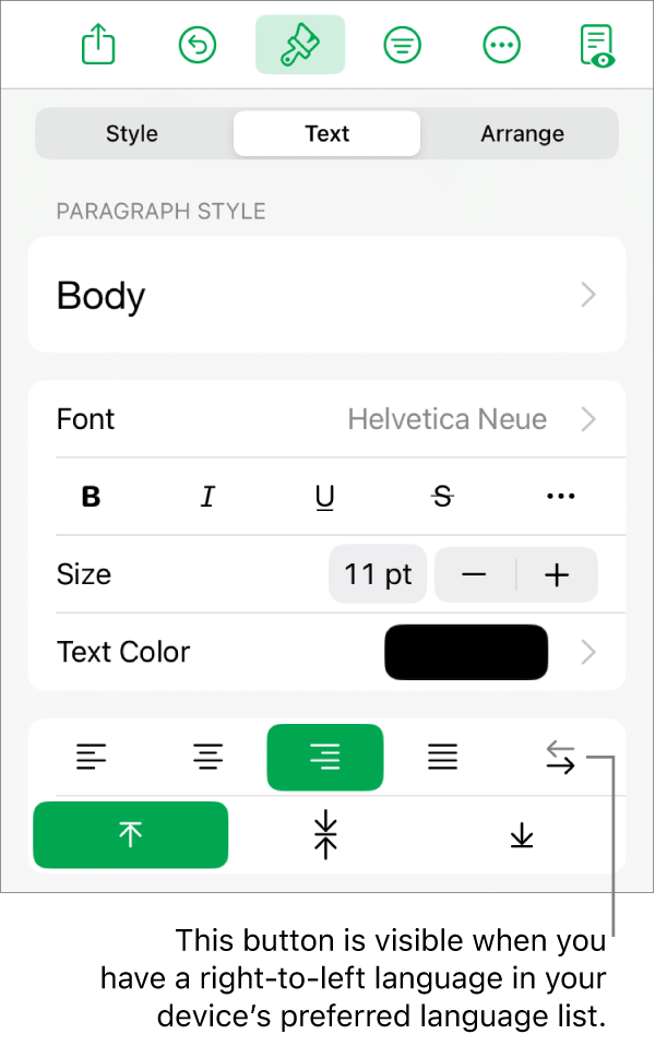 The Style section of the Format menu with a callout to the Right to Left button.