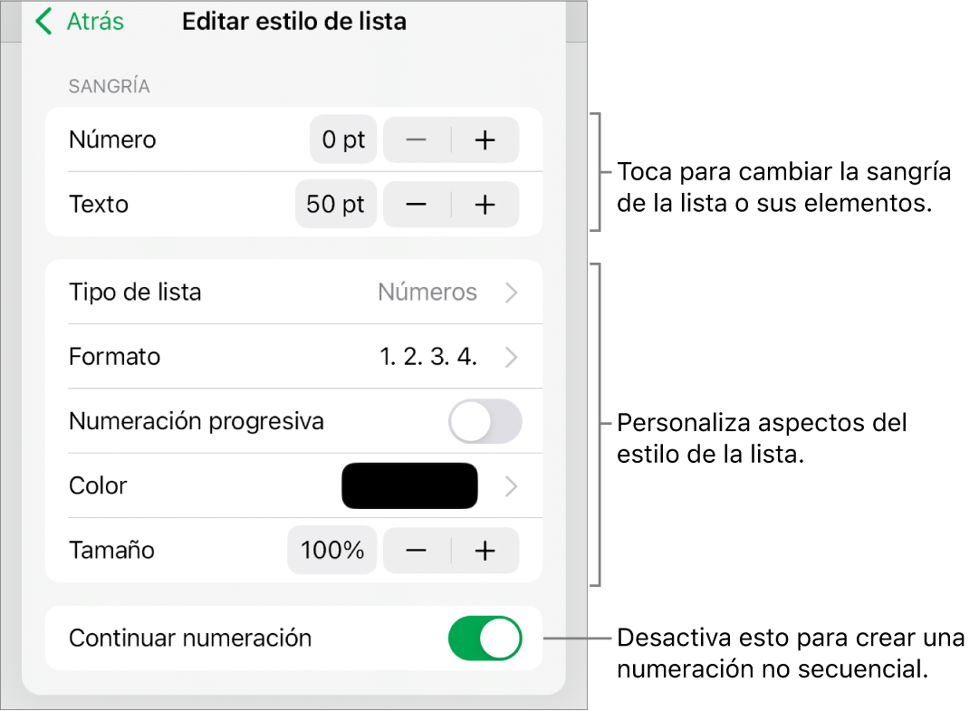 El menú Editar estilo de lista con controles para el espaciado de la sangría, el tipo y el formato de la lista, los números escalonados, el color y el tamaño de la lista y la numeración continua.