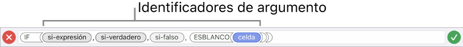El editor de fórmulas con una función e identificadores de argumentos.