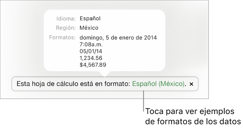 La notificación de la configuración de idioma y formato distinto, con ejemplos del formato en ese idioma y región.