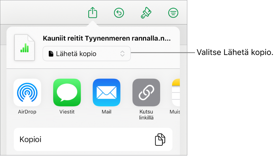 Jaa-valikko, jossa on ylhäällä valittuna Lähetä kopio.