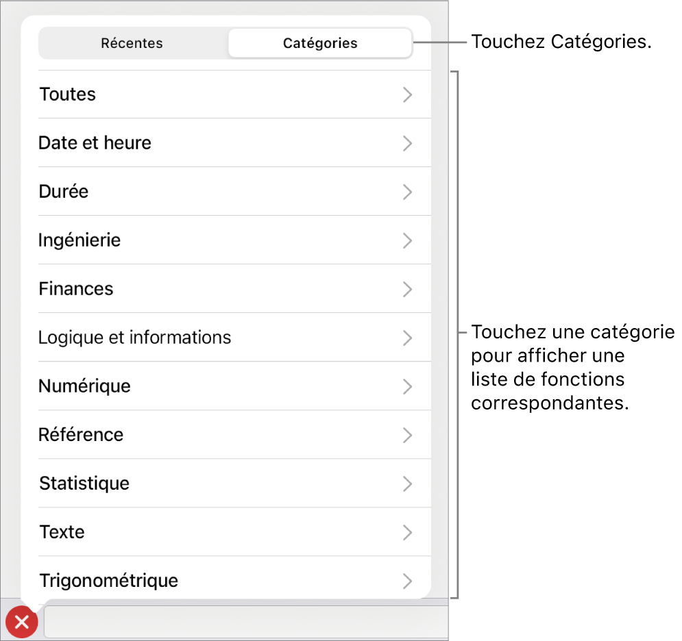 Navigateur des fonctions avec une légende pour le bouton Catégories et la liste des catégories.