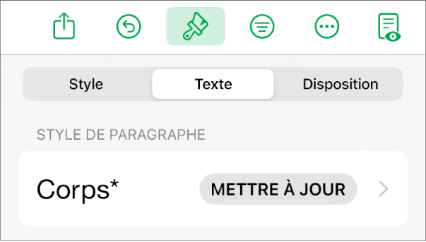 Style de paragraphe avec un astérisque affiché à côté et un bouton Mettre à jour à droite.