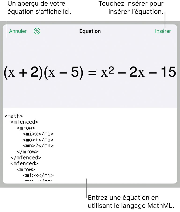 Zone de dialogue Équation, affichant une équation composée à l’aide des commandes MathML et aperçu de la formule au-dessus.