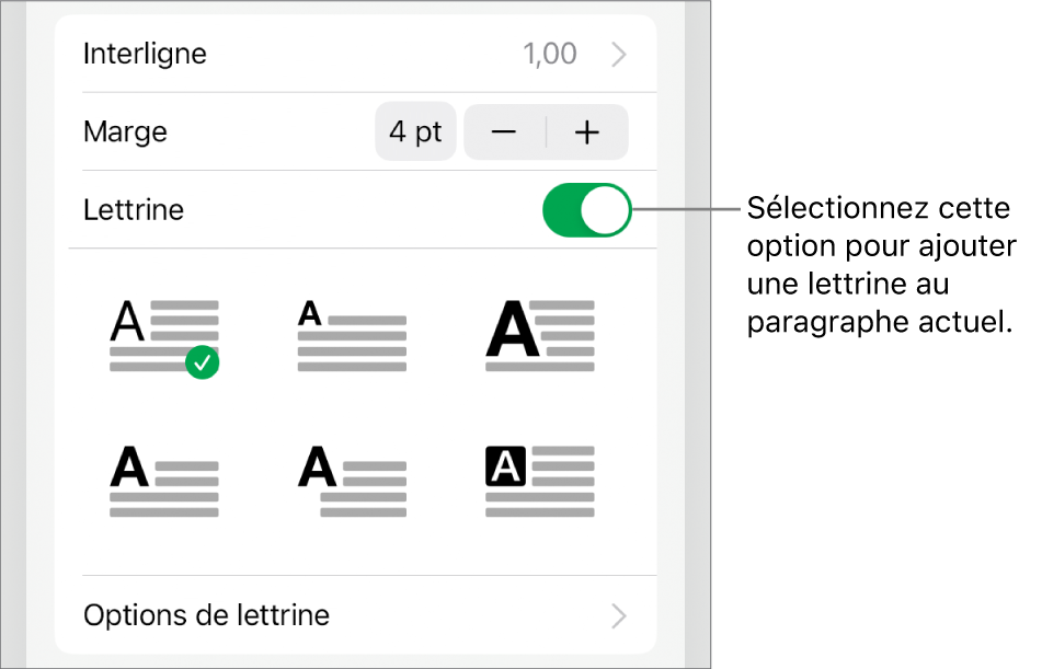 Les commandes Lettrine situées dans le menu Texte.