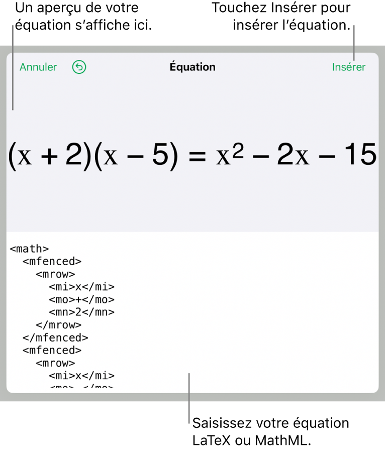 Zone de dialogue Équation, affichant une équation composée à l’aide des commandes MathML, et un aperçu de la formule au-dessus.