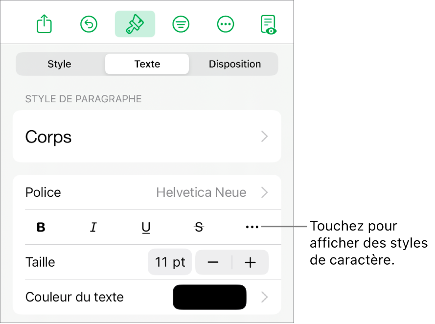 Les commandes de mise en forme avec les styles de paragraphe en haut, suivis des commandes de police. En dessous de Police se trouvent les boutons Gras, Italique, Souligné, Barré et « Plus d’options de texte ».