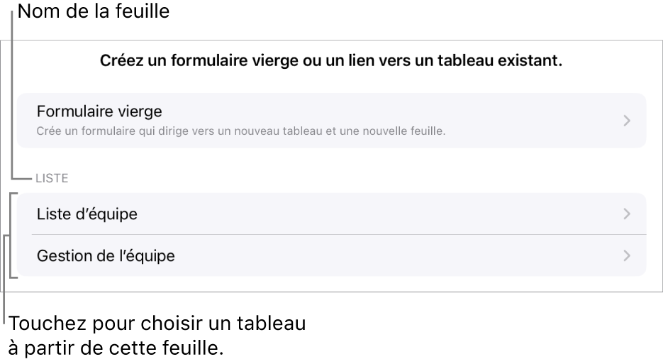 Une liste de tableaux qui se trouve dans la même feuille de calcul, avec l’option pour créer un formulaire vierge en haut.