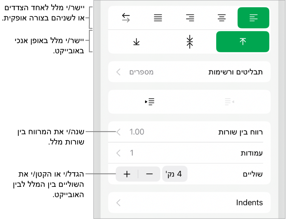 מקטע ״פריסה״ בסוקר העיצוב עם הסברים לכפתורי יישור וריווח של מלל.