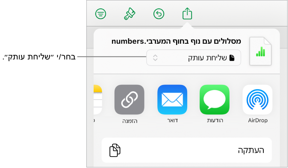 תפריט השיתוף כאשר האפשרות ״שלח/י עותק״ נבחרת בחלק העליון.