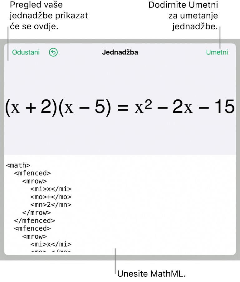 Dijaloški okvir Jednadžba koji prikazuje jednadžbu napisanu korištenjem MathML naredbi i prikaz gornje formule.