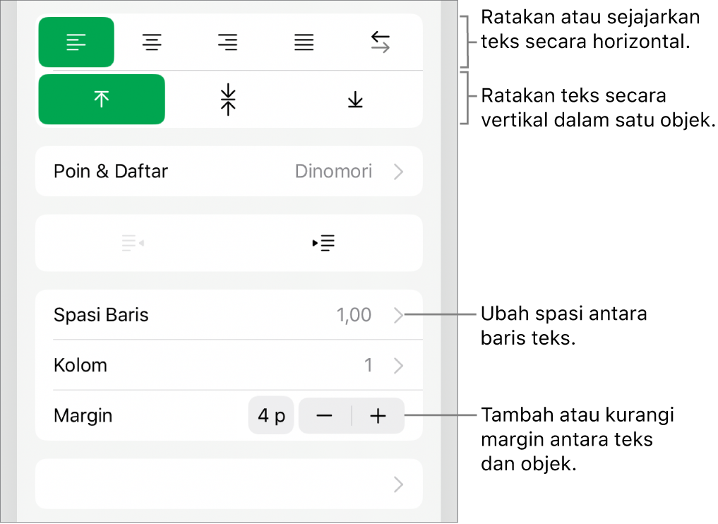 Bagian Tata Letak pada Inspektur format dengan keterangan pada tombol perataan teks dan spasi.