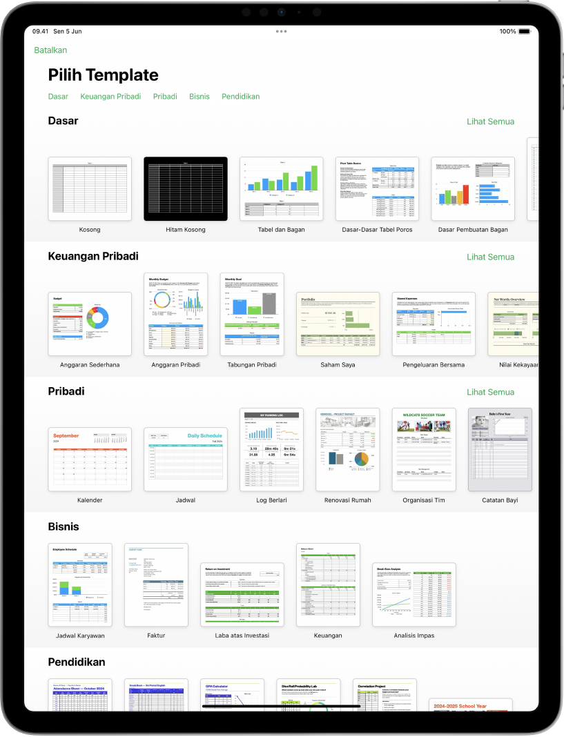 Pemilih template, menampilkan baris kategori di sepanjang bagian atas yang dapat Anda ketuk untuk memfilter pilihan. Di bawah adalah gambar mini template yang dirancang sebelumnya yang diatur menurut kategori, dimulai dengan Terbaru di bagian atas dan diikuti oleh Dasar dan Keuangan Pribadi. Tombol Lihat Semua muncul di atas dan di sebelah kanan setiap baris kategori. Tombol Bahasa dan Wilayah berada di pojok kanan atas.