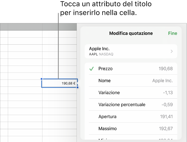 La finestra a comparsa della quotazione azionaria con il nome dell’azione in alto e, sotto, l’elenco degli attributi selezionabili tra cui prezzo, nome, variazione, variazione percentuale, apertura e massimo.