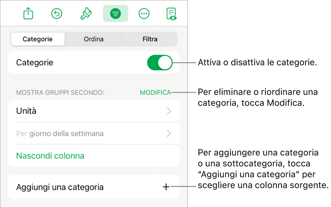 Il menu delle categorie in iPad con opzioni per disattivare le categorie, eliminare le categorie, raggruppare i dati, nascondere una colonna sorgente e aggiungere le categorie.