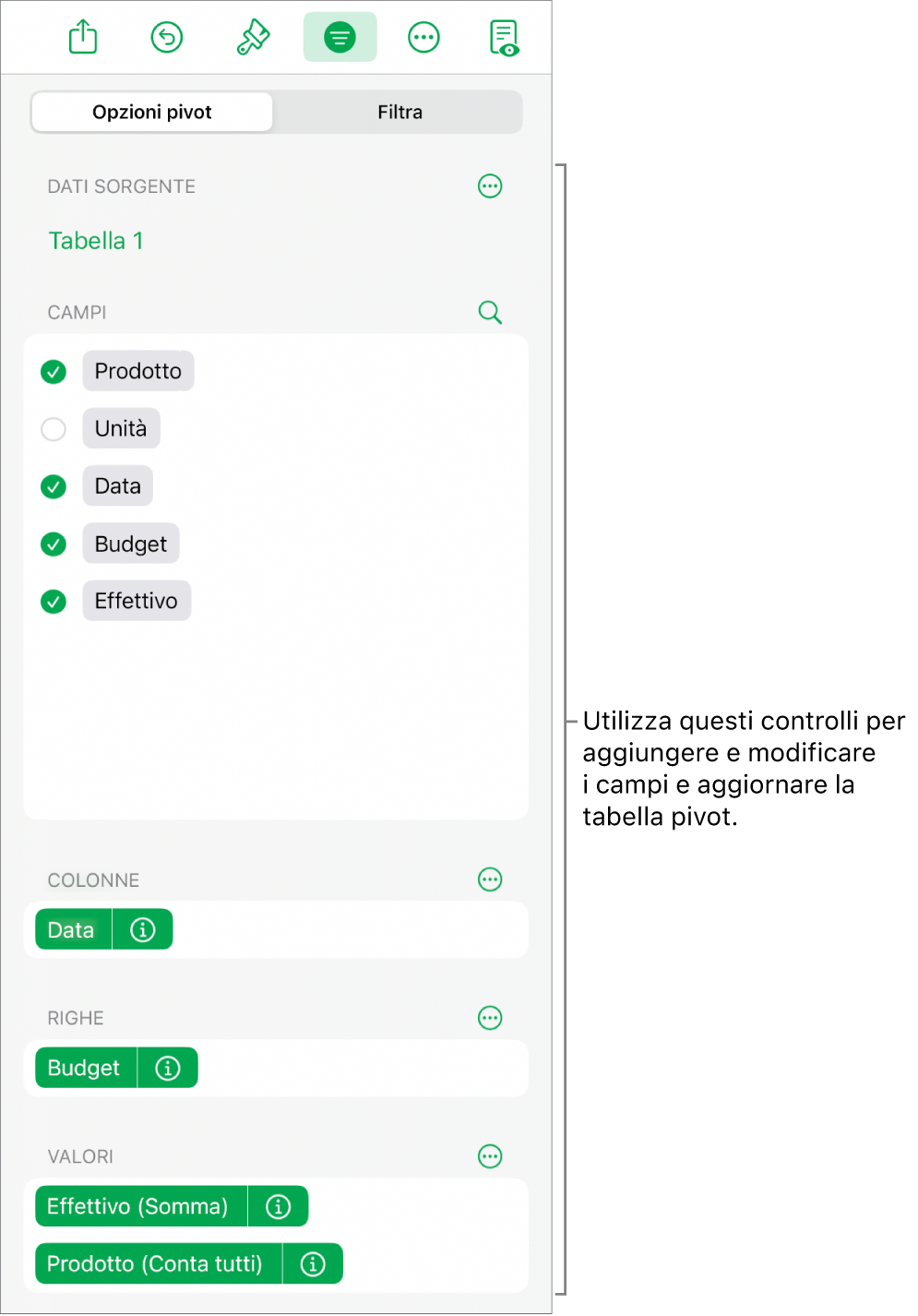 Il menu “Opzioni pivot” che mostra campi nelle sezioni Colonne, Righe e Valori, nonché i controlli per modificare i campi.