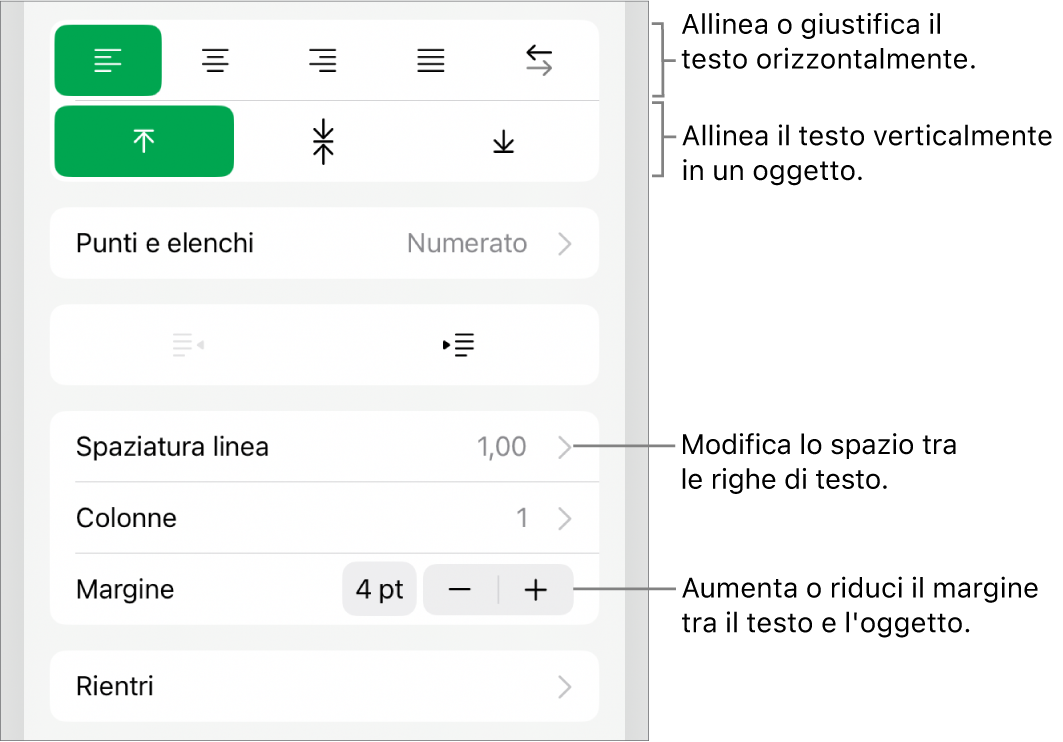 Sezione Layout dell’inspector Formattazione con didascalie per i pulsanti di allineamento e spaziatura del testo.