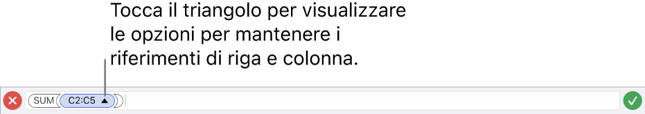 “Editor formule” che illustra come mantenere i riferimenti di riga e colonna quando la cella viene copiata o spostata.