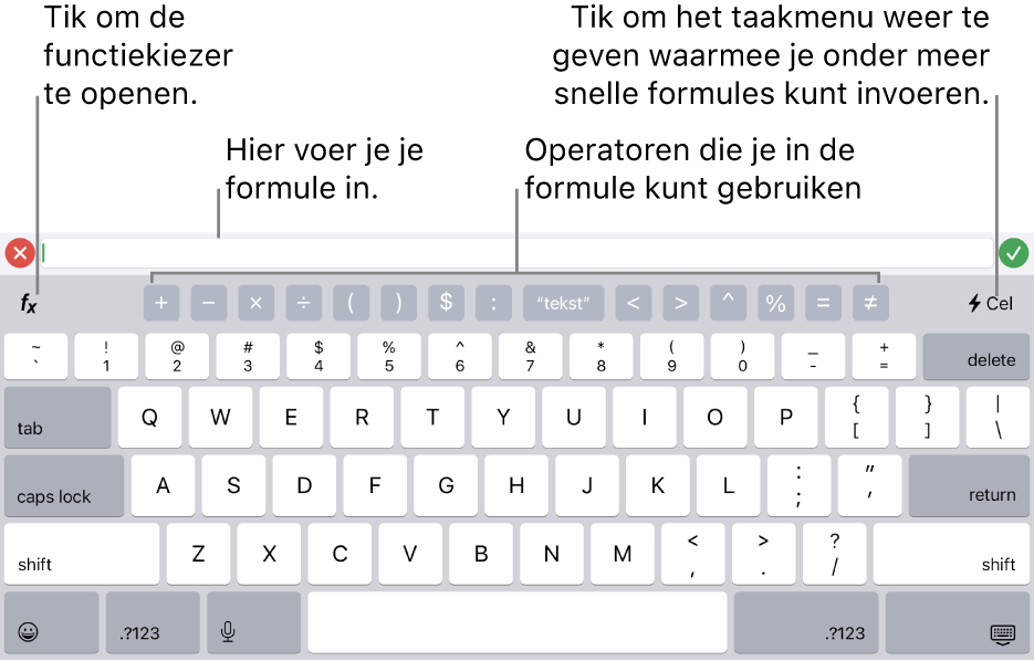 Het formuletoetsenbord, met de formule-editor bovenaan en eronder de operatoren die in formules kunnen worden gebruikt. De knop 'Functies' om de functiekiezer te openen staat links van de operatoren en de taakmenuknop staat rechts.