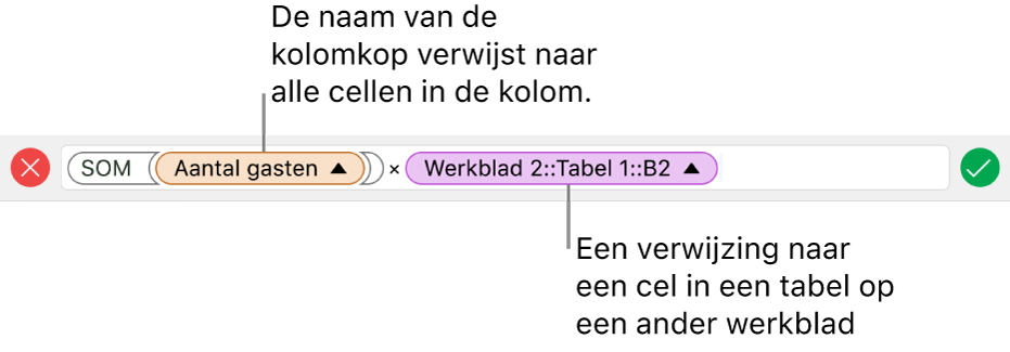 De formule-editor met een formule die verwijst naar een kolom in de ene tabel en een cel in een andere tabel.