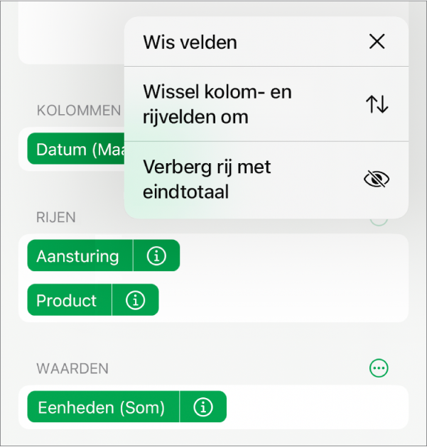 Het menu met meer veldopties, met de regelaars om eindtotalen te verbergen, kolom- en rijvelden om te wisselen en velden te wissen.