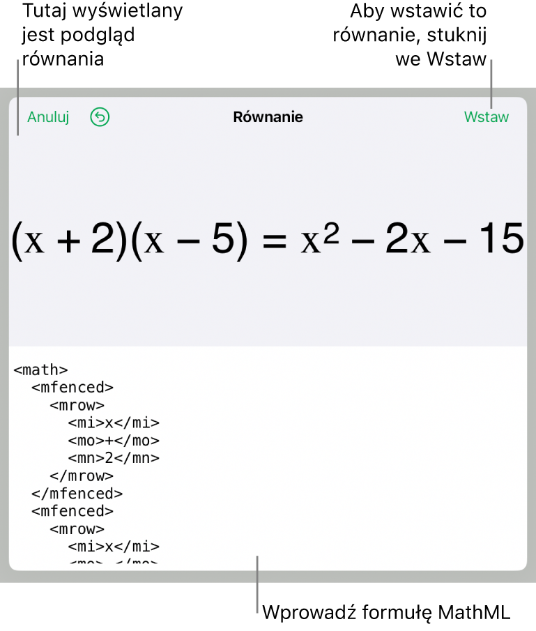 Pole dialogowe Równanie, zawierające równanie zapisane przy użyciu języka MathML. Powyżej widoczny jest podgląd tego równania.