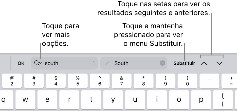 Os controles em Buscar e Substituir acima do teclado, com chamadas para os botões Opções de Busca, Substituir, Ir para Cima e Ir para Baixo.