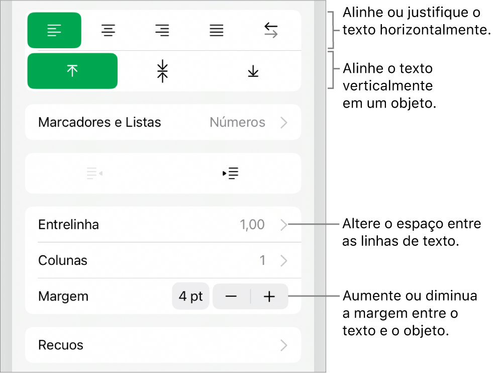 Seção Layout do inspetor Formatar com balões explicativos para os botões de alinhamento de texto e de espacejamento.