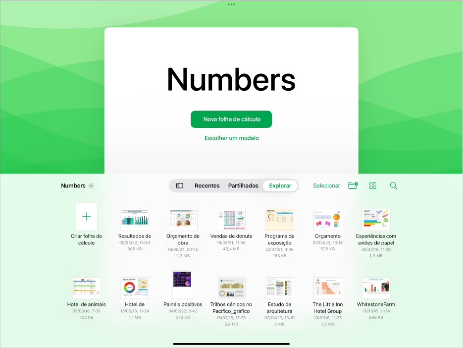 O gestor de documentos do Numbers com botões para criar uma nova folha de cálculo ou escolher um modelo na parte superior do ecrã, e os controlos para abrir folhas de cálculo guardadas na parte inferior.