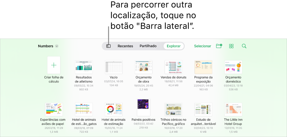 A vista de navegação do gestor de documentos com uma hiperligação de localização no canto superior esquerdo e um campo de pesquisa por baixo da mesma. No canto superior direito encontra-se o botão "Adicionar uma folha de cálculo”; o botão “Nova pasta”; um menu pop-up para usar a vista de lista ou por ícones e para filtrar por nome, data, tamanho, tipo e etiqueta e o botão “Selecionar”. Por baixo destes estão as miniaturas das folhas de cálculo existentes.