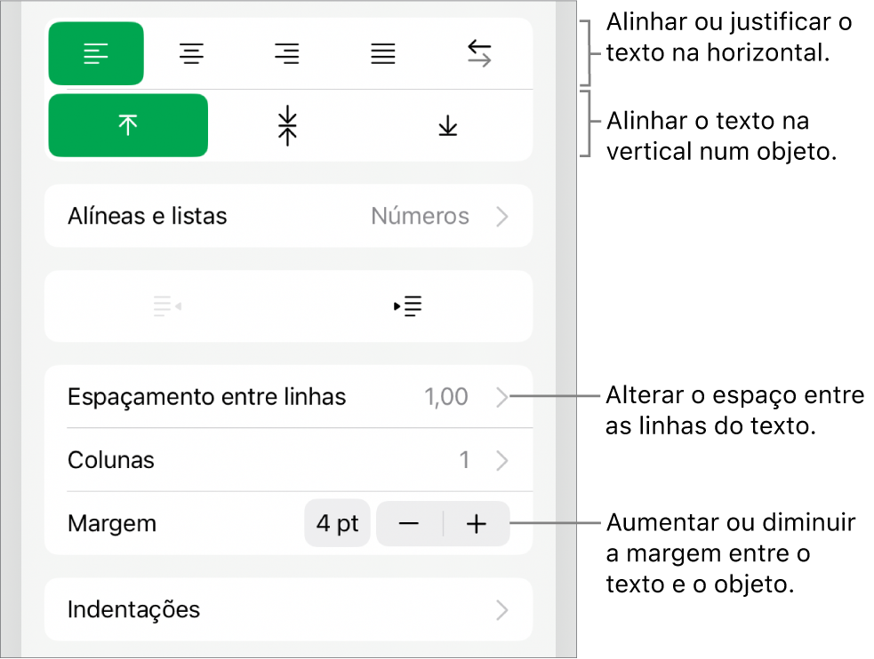 A secção “Disposição” do inspetor de formatação com referências aos botões de alinhamento e espaçamento de texto.