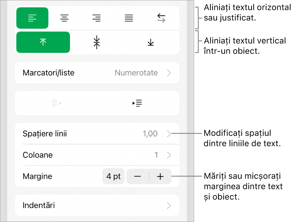 Secțiunea Aranjament a inspectorului Format cu explicații pentru butoanele de aliniere a textului și de spațiere.