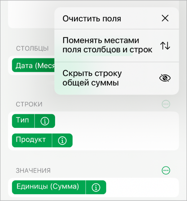 Меню дополнительных параметров поля, отображающее элементы управления, позволяющие скрывать общие суммы, менять местами поля столбцов и строк, а также удалять содержимое полей.