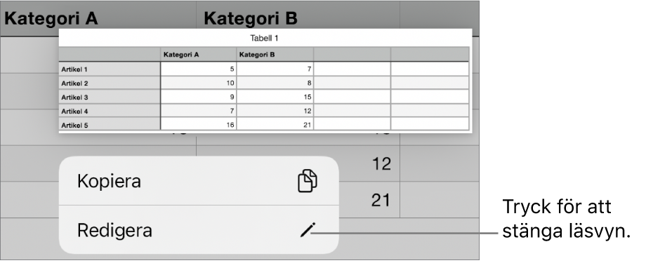 En tabellcell är markerad och ovanför den finns en meny med knapparna Kopiera och Ändra.